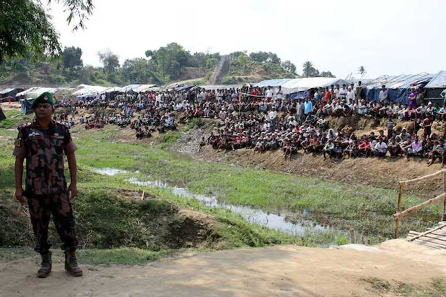 A soldier stands near the Cox's Bazar refugee camp in Bangladesh, near Rakhine state, Myanmar, during a trip by United Nations envoys to the region April 29, 2018. Picture taken on April 29, 2018.