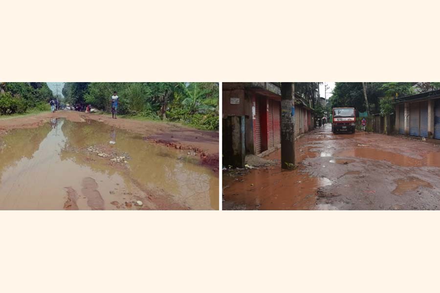 Pictures show potholed stretches of a road in Lakshmikunda union under Ishwardi upazila of Pabna district (left) and another road in Porra area in Manikganj Municipality- FE Photos