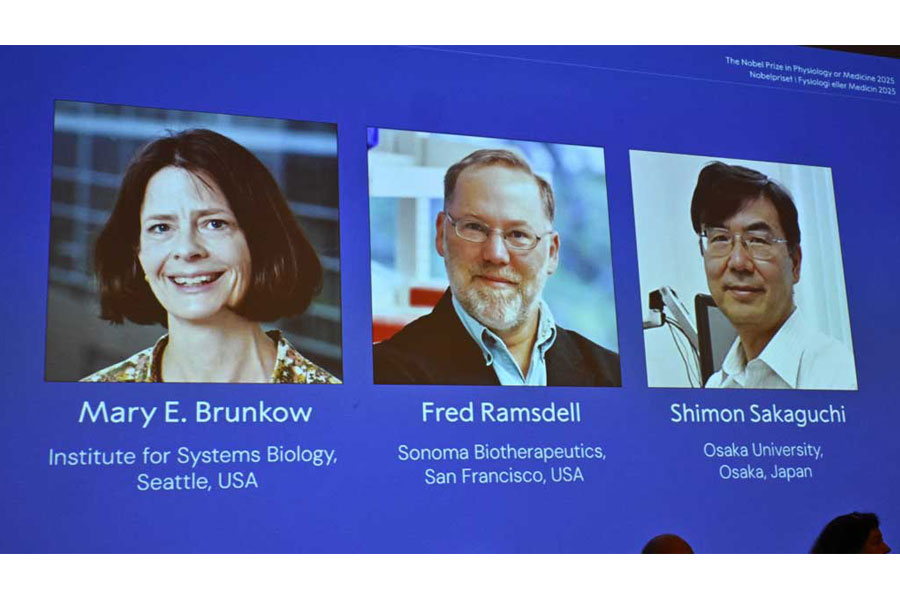 Mary E Brunkow, Fred Ramsdell and Shimon Sakaguchi are awarded this year's Nobel Prize in Medicine or Physiology. The Nobel Assembly at Karolinska Institutet announced the Nobel Prize in Physiology or Medicine on Oct 6, 2025, in Stockholm, Sweden. TT News Agency/Claudio Bresciani via REUTERS