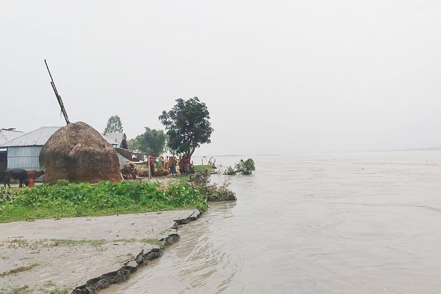 A submerged village in Patika Para union under Hatibandha upazila of Lalmonirhat district. The photo was taken on Monday.- FE Photo