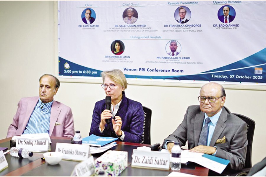 World Bank's South Asia Region Chief Economist Dr Franziska Ohnsorge (C) speaking at a programme on 'South Asia Development Update' as a keynote speaker in the conference room of the Policy Research Institute of Bangladesh (PRI) in the city on Tuesday. PRI Chairman Dr Zaidi Sattar (R) and PRI Vice-chairman Dr Sadiq Ahmed (L) also attended the programme. — FE Photo