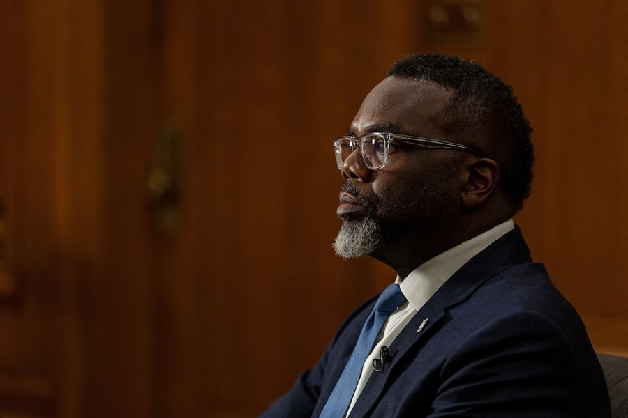 Chicago Mayor Brandon Johnson attends an interview with Reuters at his office located at City Hall, in Chicago, Illinois, U.S. September 29, 2025.