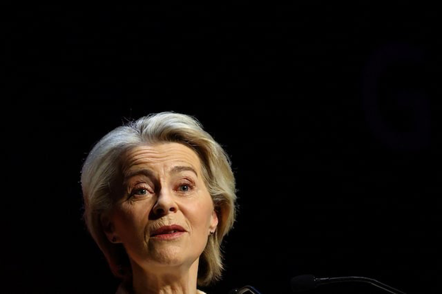 European Commission President Ursula von der Leyen addresses a keynote during the Global Gateway Forum in Brussels, Belgium October 9, 2025.