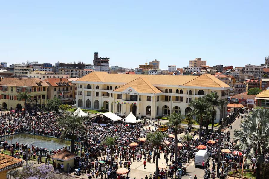 Protesters gather outside the town hall on Independence Avenue during a nationwide youth-led protest over frequent power outages and water shortages, in Antananarivo, Madagascar, October 13, 2025.