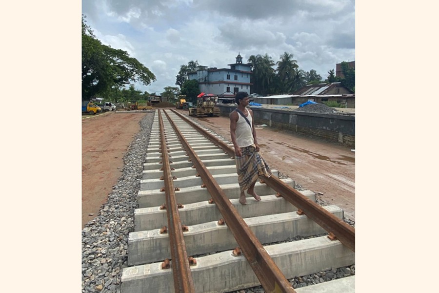 Rail line installation work going on in the Kulaura-Shahbajpur section of Moulvibazar district -FE Photo