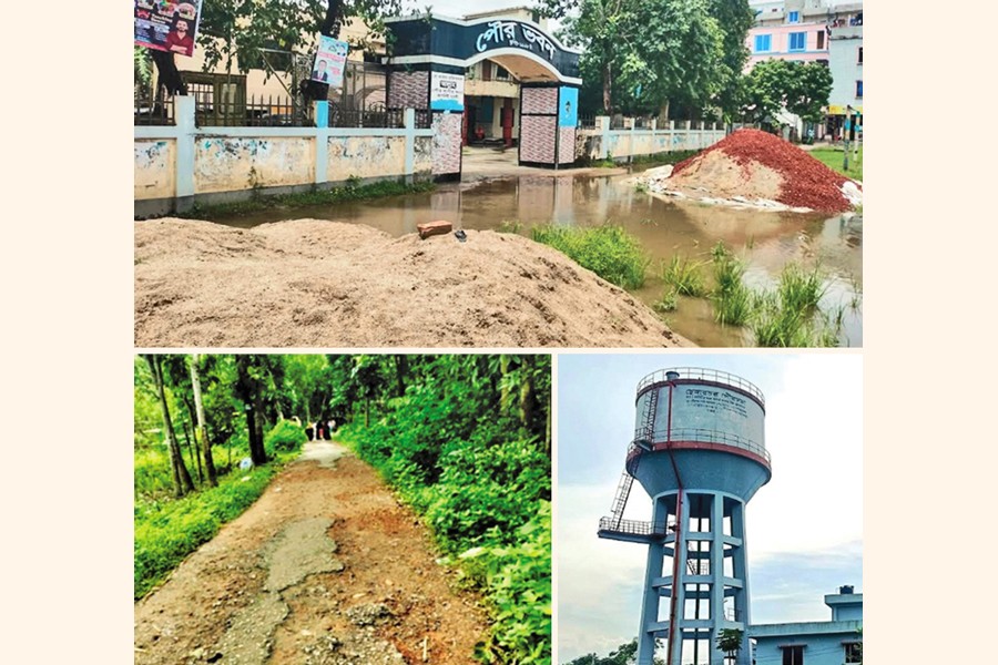 A partial view of submerged premises of the Chhengarchar Poura Bhaban in Matlab Uttar upazila (top), dilapidated roads in Jorekhali area in the municipality (bottom left) and underground water plant in the Chhengarchar Municipality area - FE Photos