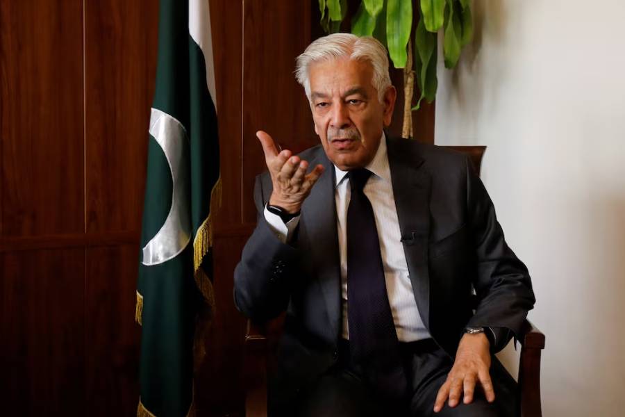 Pakistan's Defence Minister Khawaja Muhammad Asif speaks during an interview with Reuters in Islamabad, Pakistan, October 20, 2025.