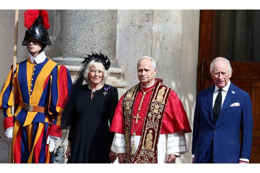 Britain’s King Charles, Queen Camilla and Pope Leo XIV stand in the courtyard of San Damaso, following an ecumenical prayer in the Sistine Chapelle led by the Pope and Archbishop of York Stephen Cottrell, at the Vatican, Oct 23, 2025.