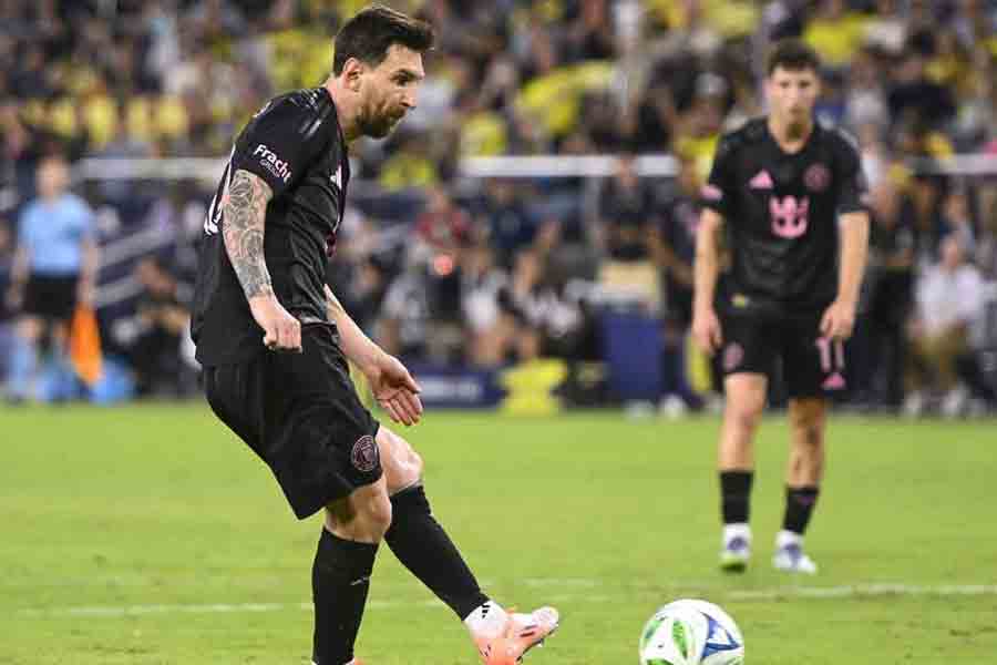 Oct 18, 2025; Nashville, Tennessee, USA; Inter Miami forward Lionel Messi (10) scores on a penalty kick against Nashville SC during the second half at Geodis Park. Mandatory Credit: Steve Roberts-Imagn Images