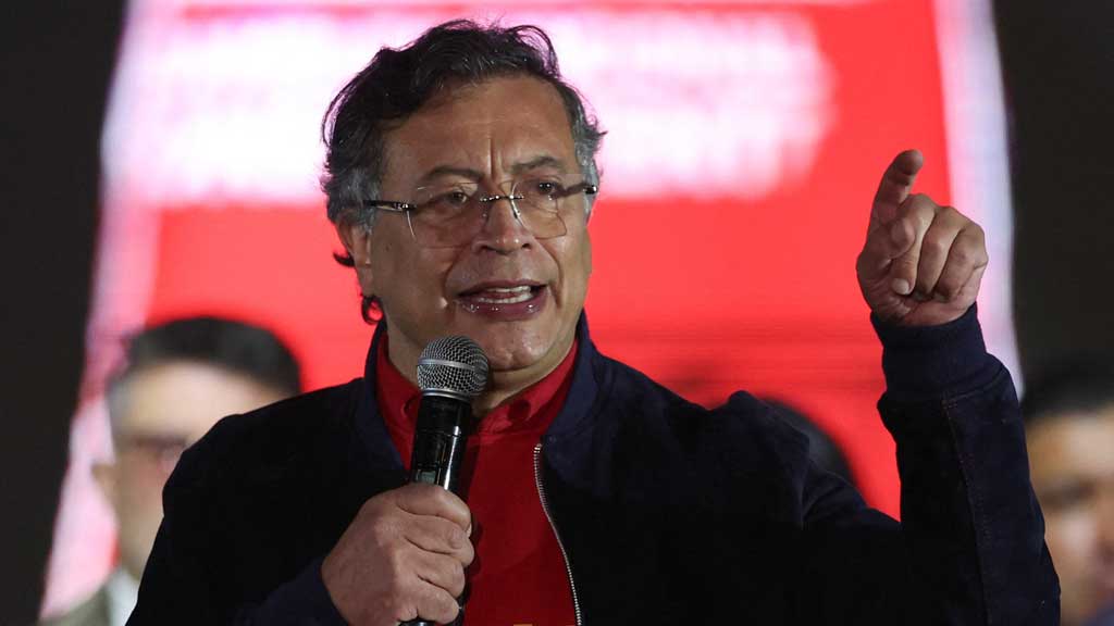 Colombian President Gustavo Petro speaks during a protest against US President Donald Trump's recent comments accusing him of drug trafficking and a court ruling that overturned convictions against former President Alvaro Uribe, in Bogota, Colombia, Octob