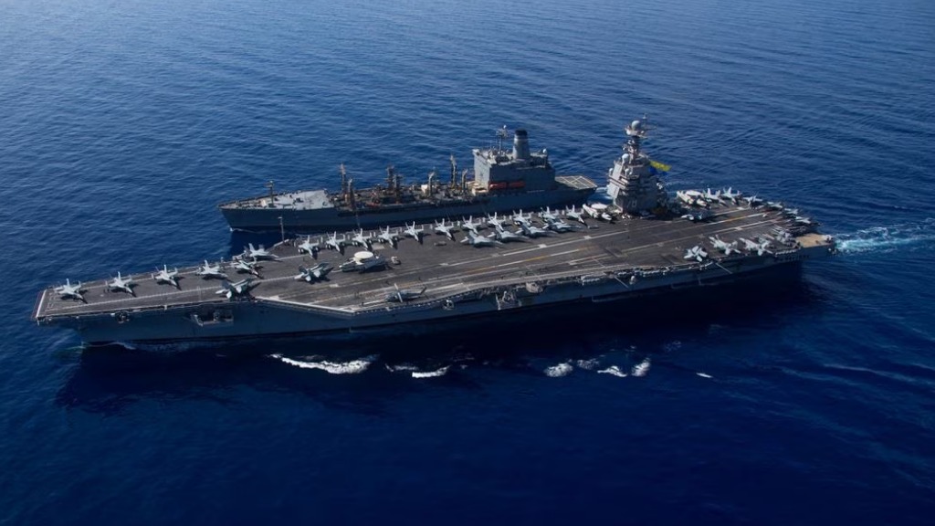 The world's largest aircraft carrier USS Gerald R. Ford steams alongside USNS Laramie (T-AO-203) during a fueling-at-sea in the eastern Mediterranean Sea, as a scheduled deployment in the US. Reuters