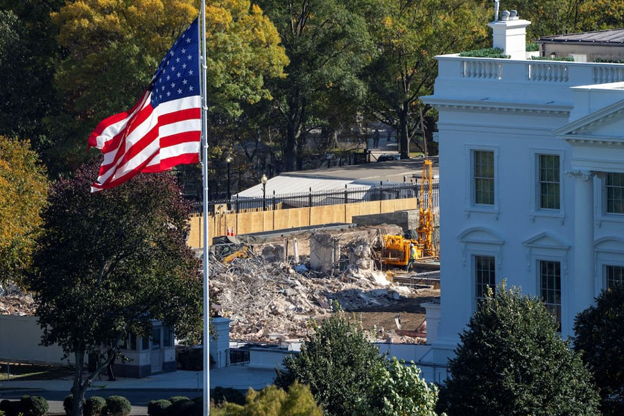 The demolition of the East Wing of the White House, the location of US President Donald Trump's proposed ballroom is seen from an elevated position on the North side of the White House in Washington, DC, US, October 23, 2025.