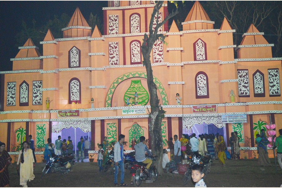 A decorated puja mandap gate at Nanduali in Magura town- FE Photo
