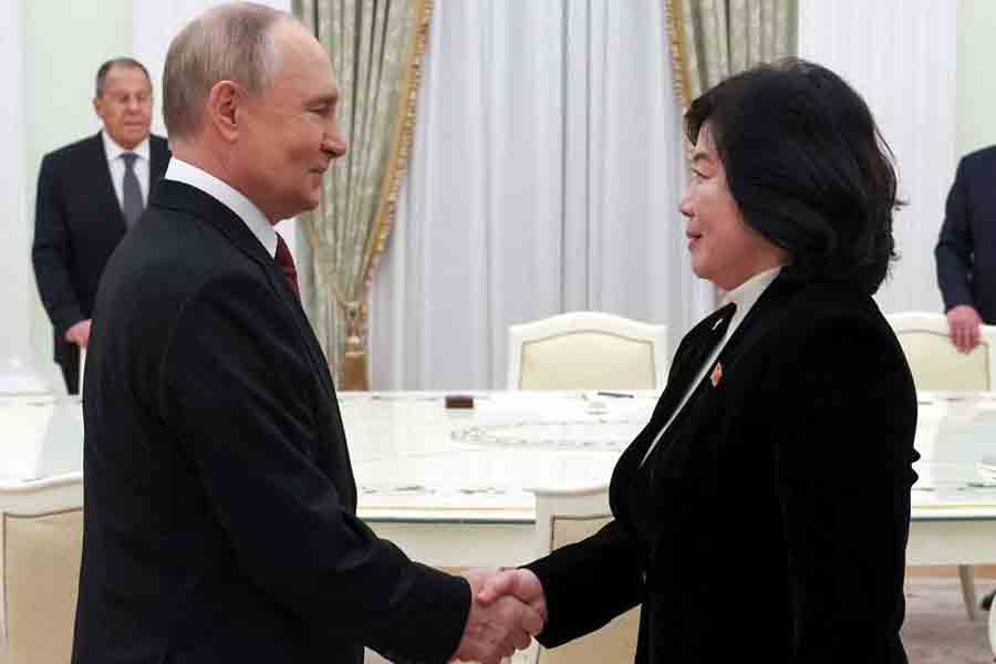 Russian President Vladimir Putin shakes hands with North Korean Foreign Minister Choe Son Hui during a meeting in Moscow, Russia, Oct 27, 2025.