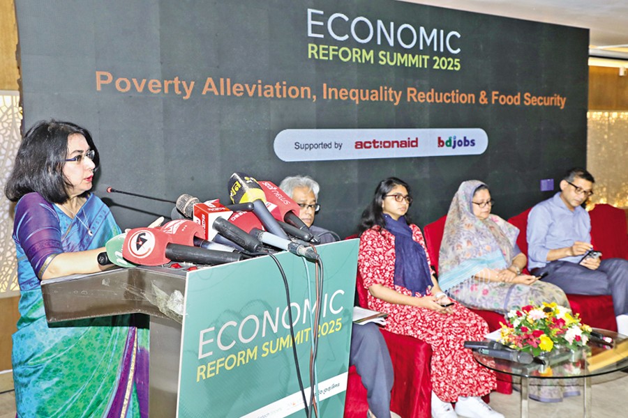 CPD Executive Director Dr. Fahmida Khatun speaking at a session of the two-day Economic Reform Summit 2025 in Dhaka on Tuesday. — FE Photo