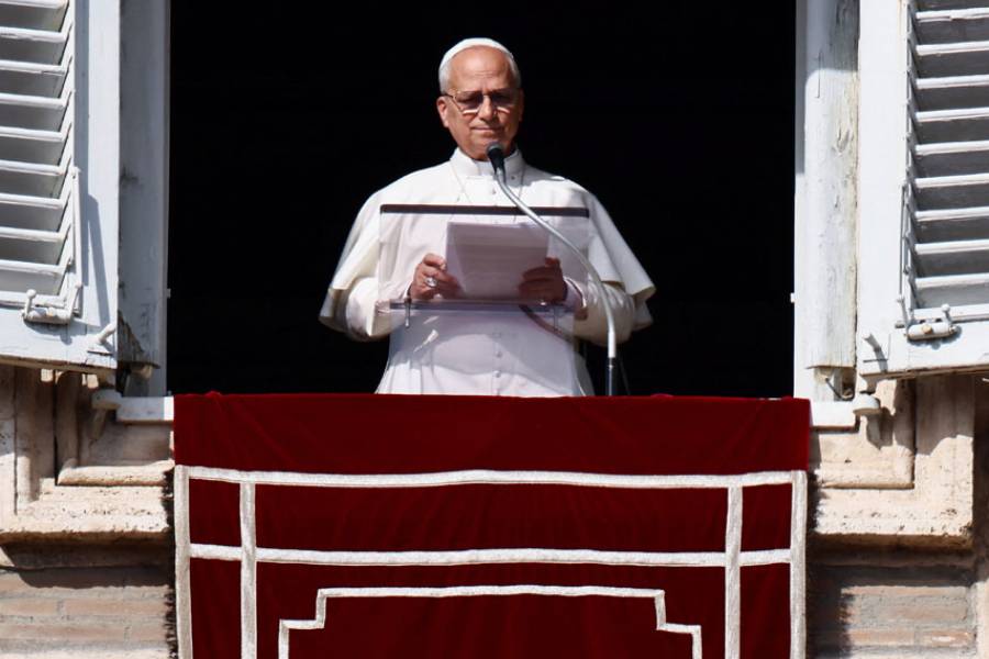 Pope Leo XIV leads the Angelus prayer from the window of the Apostolic Palace at the Vatican, Nov 2, 2025.