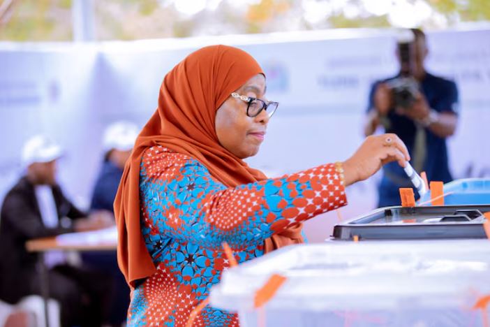 Tanzania's President Samia Suluhu Hassan casts her vote at a polling centre in Dodoma, Tanzania October 29, 2025. Tanzania Presidential Press Unit/Handout via REUTERS