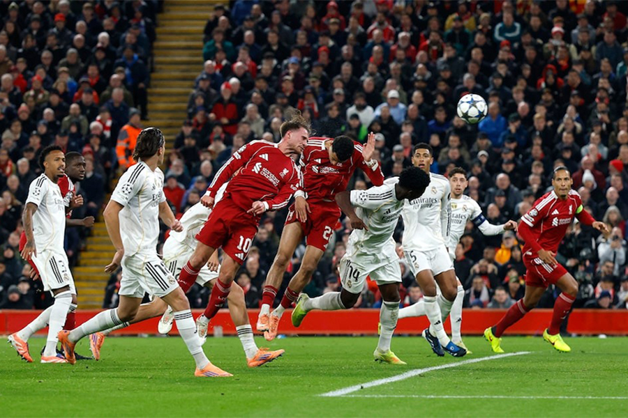 Liverpool's Alexis Mac Allister scores their first goal during the UEFA Champions League match against Real Madrid at Anfield, Liverpool, Britain on November 4, 2025 — Action Images via Reuters