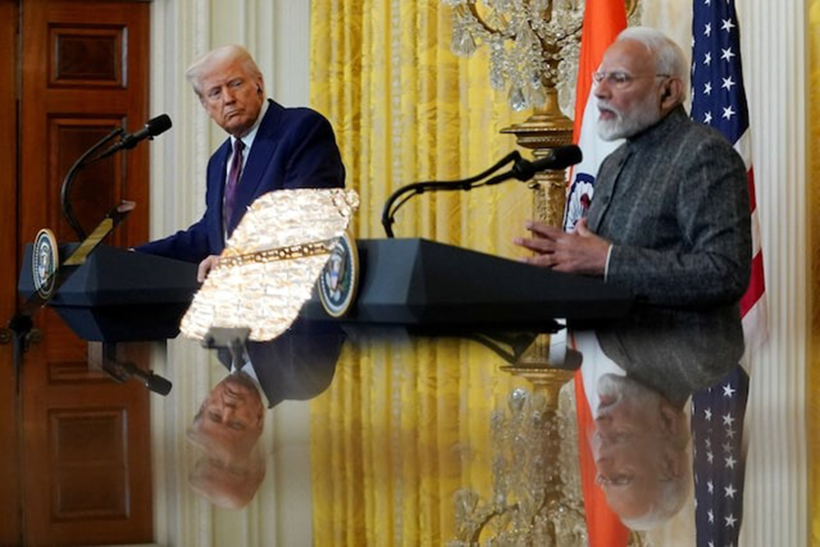 US President Donald Trump and Indian Prime Minister Narendra Modi are pictured in a mirror as they attend a joint press conference at the White House in Washington, DC, US on, February 13, 2025 — Reuters/File