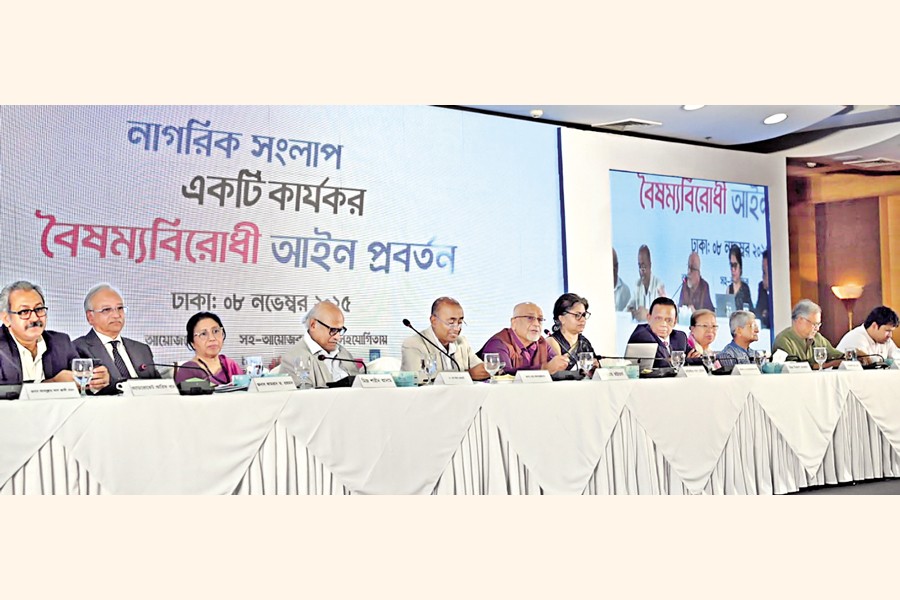 Dr Debapriya Bhattacharya, Distinguished Fellow of the Centre for Policy Dialogue (CPD) and Convener of Citizen's Platform for SDGs, Bangladesh, addressing the opening session of a dialogue titled "Elimination of Discrimination in Bangladesh: Legal Context, Current Reality, and Way Forward" at Bangladesh China Friendship Conference Centre in the city on Saturday. — FE Photo
