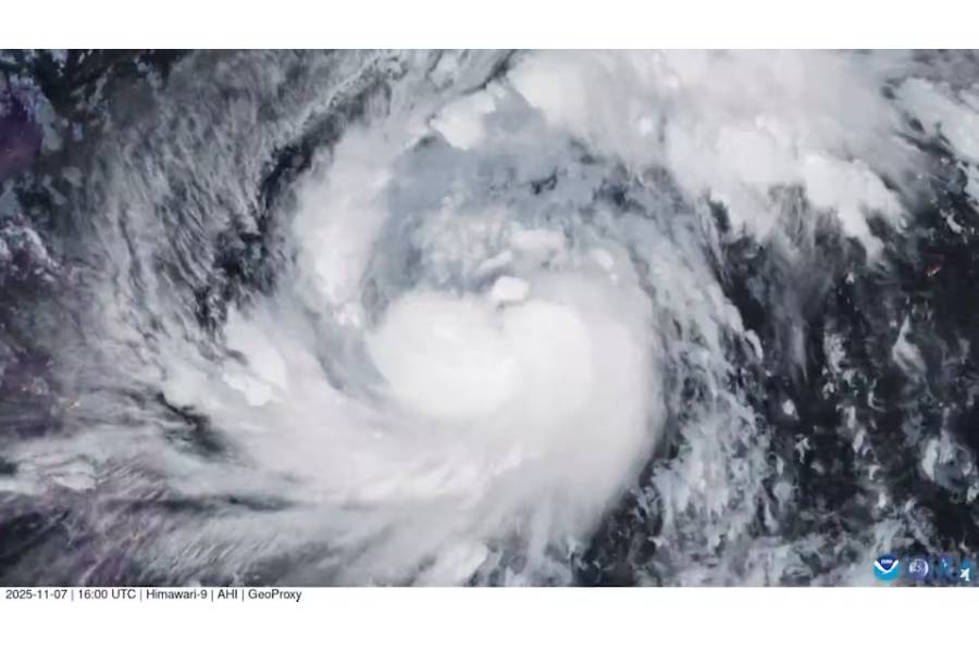 A satellite image shows Storm Fung-Wong, which has intensified into a typhoon, according to the Cooperative Institute for Research in the Atmosphere (CIRA), over the Philippine Sea on November 7, 2025, in this screengrab from video.
