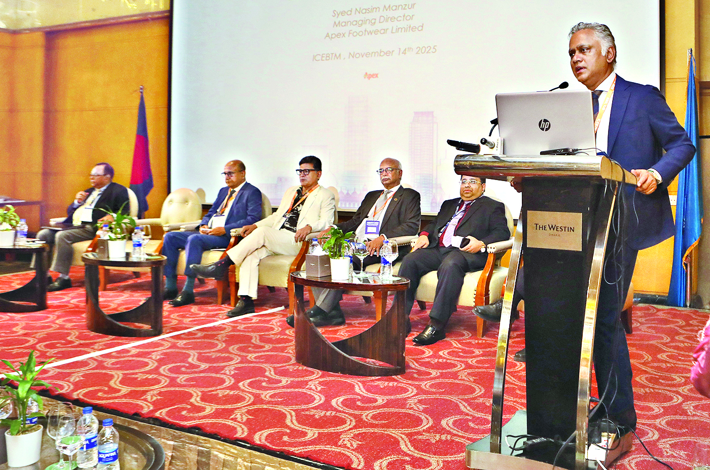 Syed Nasim Manzur, Managing Director of Apex Footwear Limited, speaks at the International Conference on Economics, Business and Technology Management (ICEBTM 2025) at a city hotel on Friday — FE photo