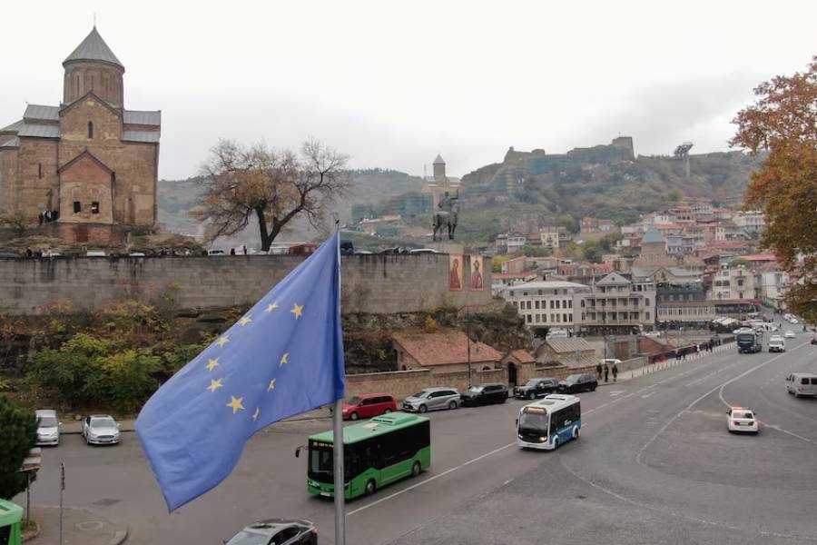 A flag of the European Union flies on a street in Tbilisi, Georgia, November 15, 2025.