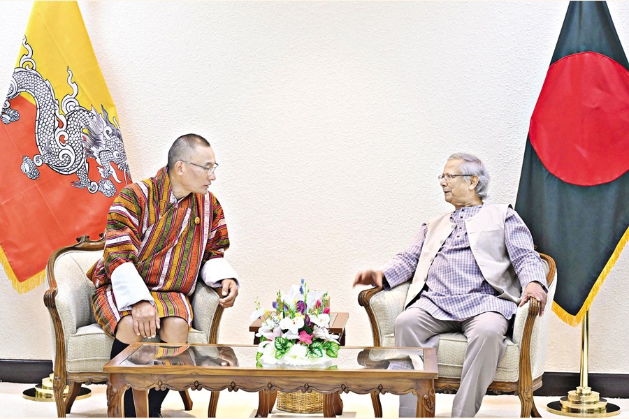 Bhutanese Prime Minister Dasho Tshering Tobgay meets Chief Adviser Professor Muhammad Yunus at the latter's office in Tejgaon, Dhaka, on Saturday. - PID