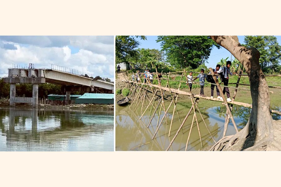 The photo shows an under-construction bridge covering Khurushkhul and Varuakhali unions in Sadar Upazila of Cox's Bazar district (left) and school students cross the makeshift bamboo bridge over the Korti canal in Paton-Phulmalik area of Alinagar Union in Sylhet's Beanibazar Upazila. - FE Photo