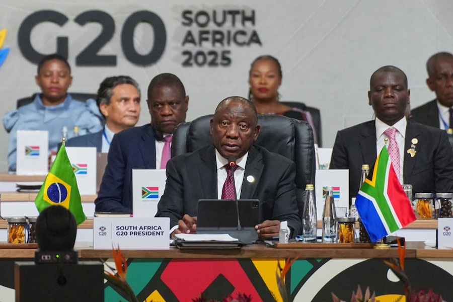 South African President Cyril Ramaphosa addresses the opening session of the G20 leaders' summit in Johannesburg, South Africa, November 22, 2025.