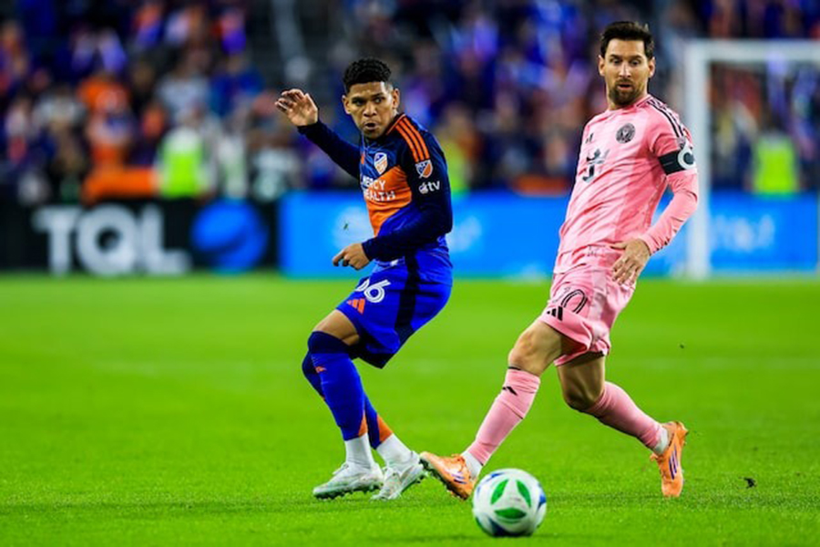 FC Cincinnati forward Ender Echenique (66) passes the ball against Inter Miami CF forward Lionel Messi (10) during the first half at TQL Stadium, Cincinnati, Ohio, USA, on November 23, 2025 — Imagn Images via Reuters