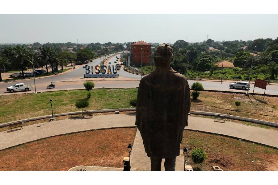 A drone view shows a statue of Amilcar Lopes Cabral, an anti-colonial leader who led Guinea-Bissau's independence movement as head of the African Party for the Independence of Guinea and Cape Verde (PAIGC), in Bissau, Guinea-Bissau, November 24, 2025.
