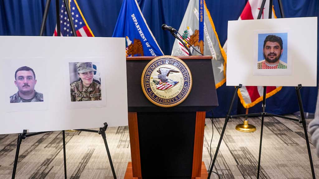 Pictures of National Guard members Andrew Wolfe and Sarah Beckstrom, who were shot on Nov 26 in Washington, are displayed next to a picture of the suspect of the shooting, Afghan national Rahmanullah Lakanwal, on the day of a press conference with FBI Director Kash Patel, US Attorney for DC Jeanine Pirro and other authorities, in Washington, DC, US, Nov 27, 2025. REUTERS