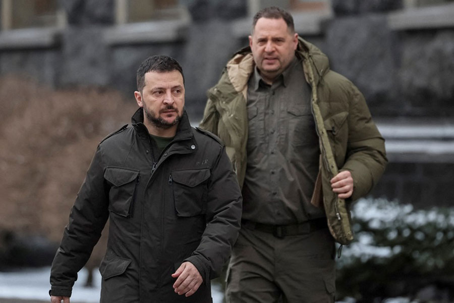 Ukraine's President Volodymyr Zelenskiy and Head of the Presidential Office Andriy Yermak walk, amid Russia's attack on Ukraine, in Kyiv, Ukraine Jan 22, 2024.