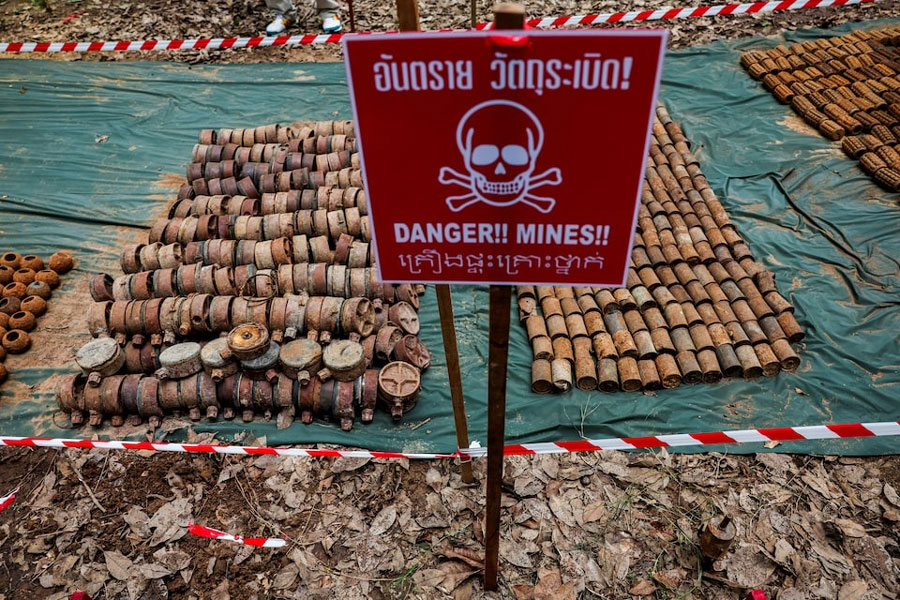 Old landmines that Thailand says were detonated and recovered near the disputed border between Thailand and Cambodia are displayed during a media visit organized by the Royal Thai Army, following a ceasefire between Cambodia and Thailand, in Surin province, Thailand, August 20, 2025.