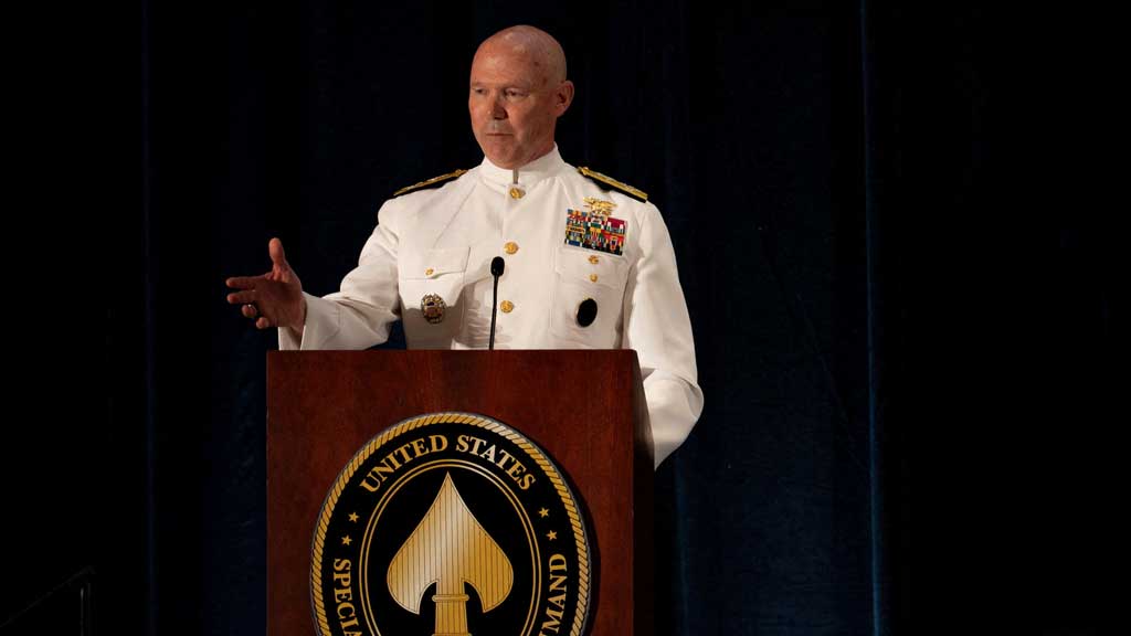 US Navy Admiral Frank "Mitch" Bradley, incoming commander, US Special Operations Command, delivers remarks during the USSOCOM Change of Command Ceremony in Tampa, Florida, US Oct 3, 2025. Airman 1st Class Monique Stober/US Special Operations Command/Handout via REUTERS