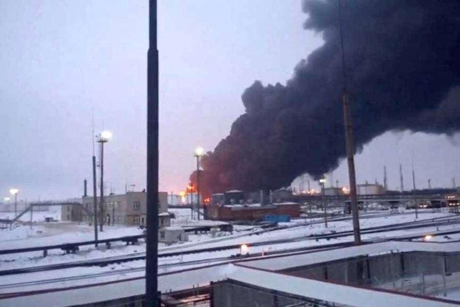 Smoke billows after Ukraine’s SBU drone strikes a refinery, amid Russia’s attack on Ukraine, in Ryazan, Ryazan Region, Russia, in this screen grab from a video obtained by Reuters, March 13, 2024.