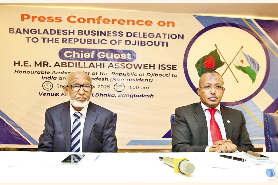 Non-resident Ambassador of Djibouti to Bangladesh Isse Abdillahi Assoweh and Honorary Consul of Djibouti in Bangladesh Abdul Haque attend a press conference held at a city hotel on Tuesday.