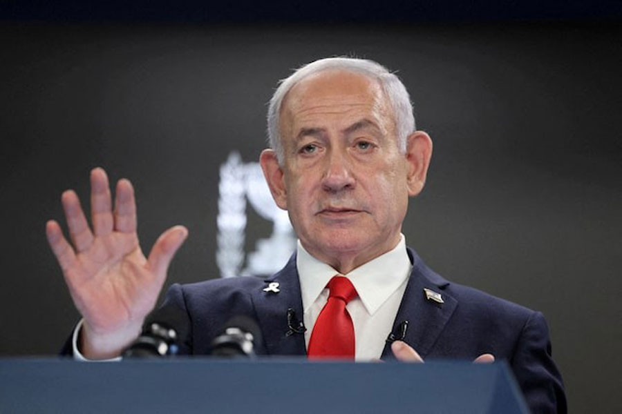 Israeli Prime Minister Benjamin Netanyahu speaks during a press conference at the Prime Minister’s office in Jerusalem, August 10, 2025.