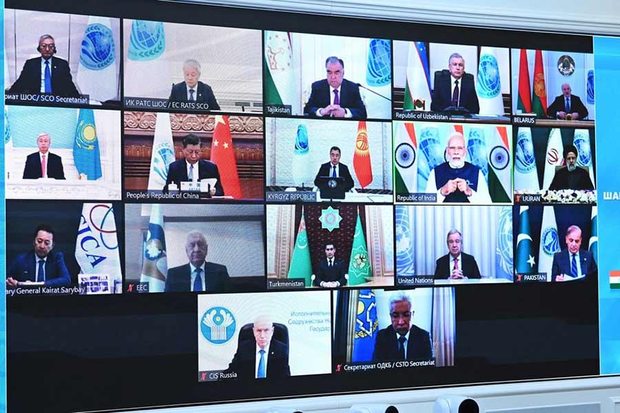 Leaders of states and officials of the Shanghai Cooperation Organisation (SCO) are seen on a screen during a summit on Tuesday –Reuters photo
