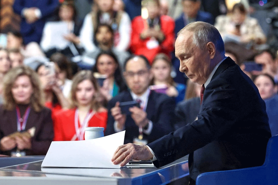 Russian President Vladimir Putin attends his annual end-of-year press conference and phone-in in Moscow, Russia December 19, 2025.
