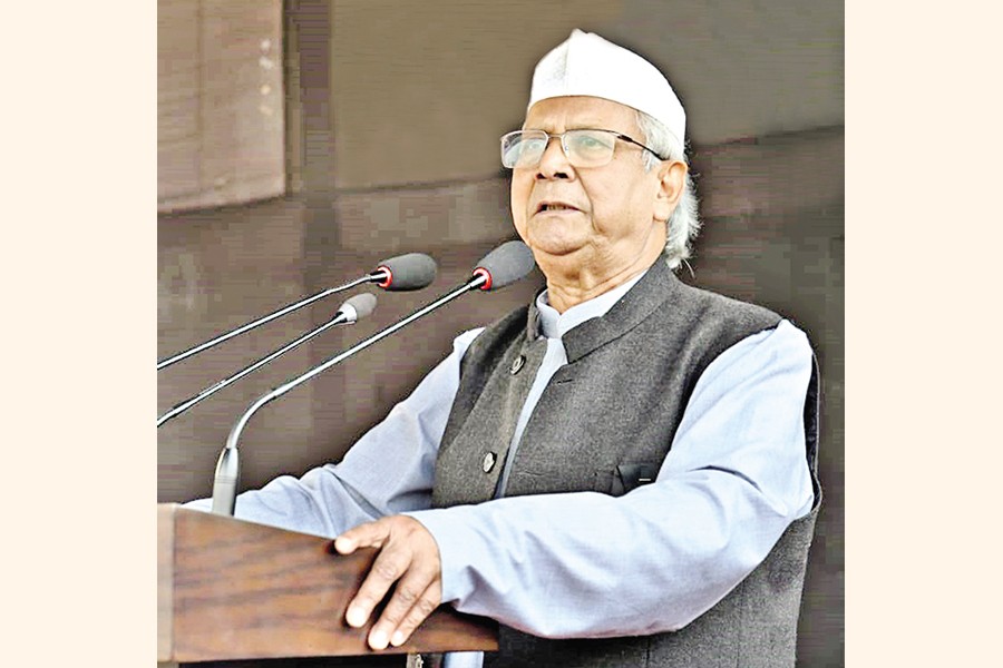 Prof Muhammad Yunus speaks before funeral prayer at the South Plaza of Jatiya Sangsad on Saturday. — PID