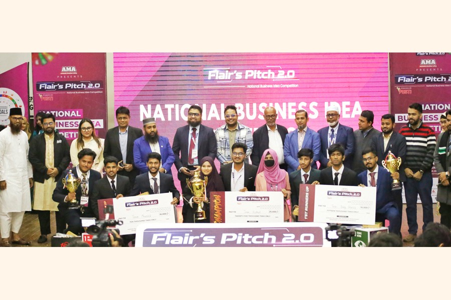 Organisers, winners and guests pose for a photo after the finale of Flair's Pitch 2.0 held at University of Chittagong recently