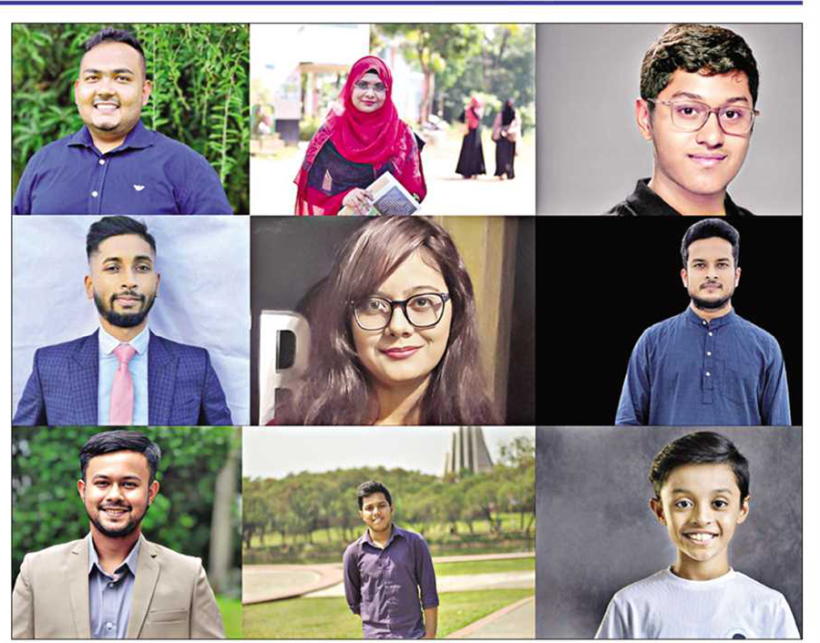 This year's Diana Award recipients from Bangladesh. From top left picture- Jahir Rayhan, Nishat Sultana Chowdhury, Ahnaf Abrar Husain, FM Farhan Faiyaz,Jyotirmoyee Das Nova, SM Mobin Sikder, Abdullah Al Hasan Dipto, SK Shoaibur Rahaman, Rituraj Bhowmick