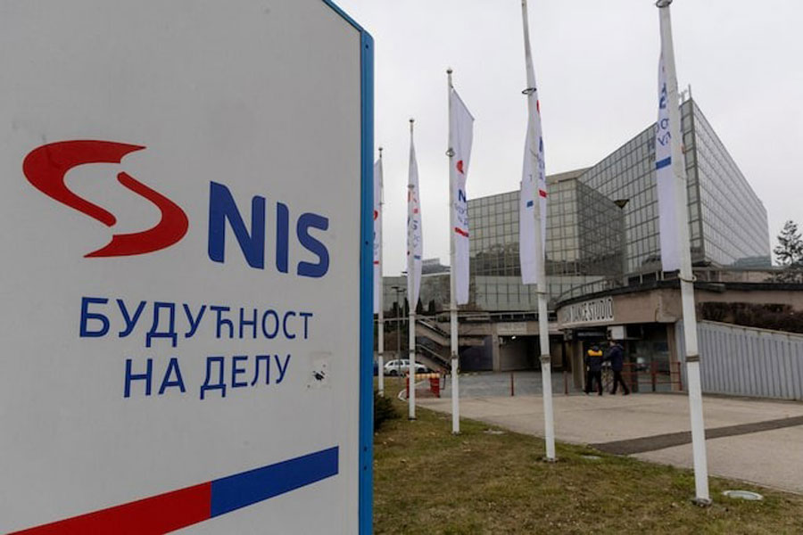 NIS sign outside the headquarters building of Serbian oil company NIS, which is majority owned by the Russian oil producer Gazprom Neft, in Belgrade, Serbia, January 15, 2025.