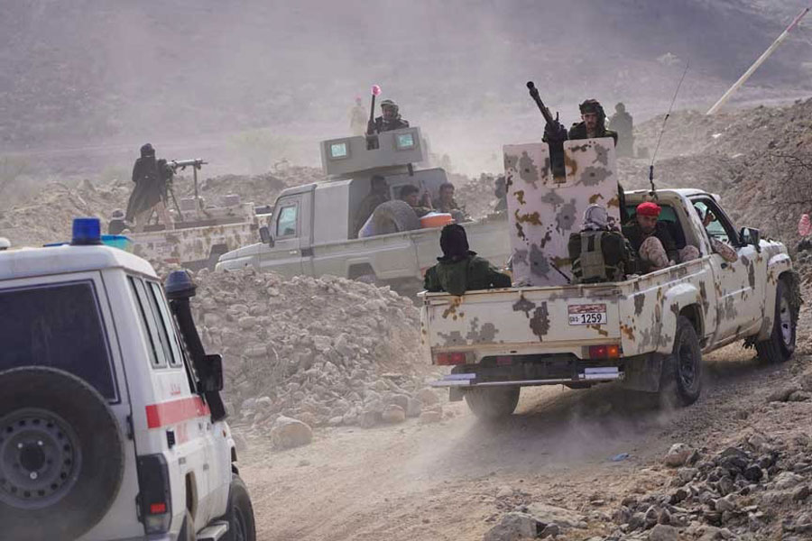 Forces of Yemen's main separatist group, the Southern Transitional Council, arrive in a mountainous area where they are launching a military operation in the southern province of Abyan, Yemen, Dec 15, 2025.