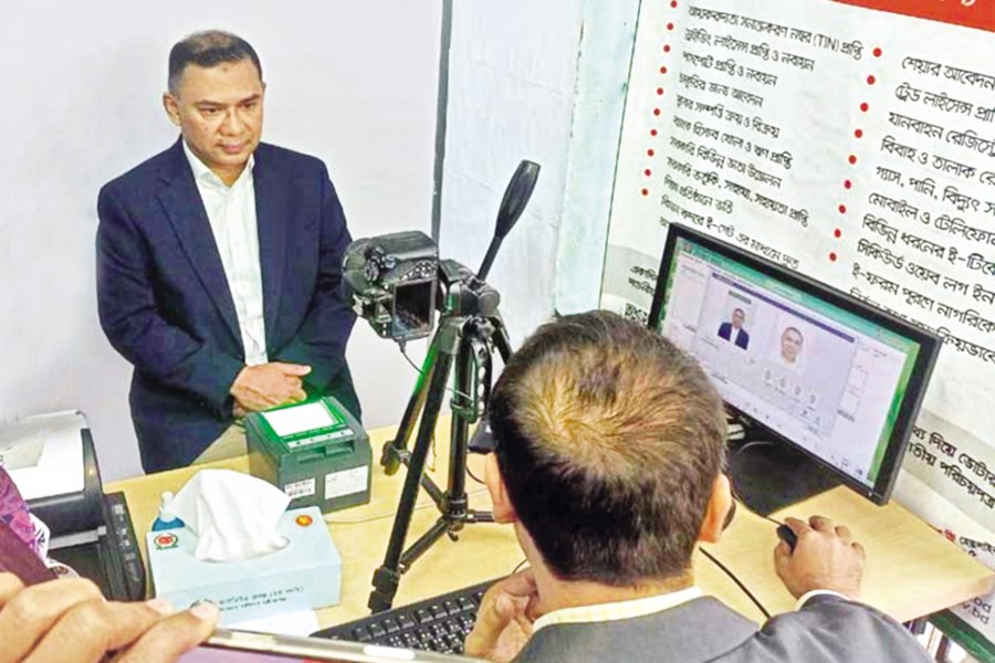 BNP Acting Chairman Tarique Rahman has his photograph taken to register as a voter at the Election Training Institute in Agargaon on Saturday. — BNP Media Cell