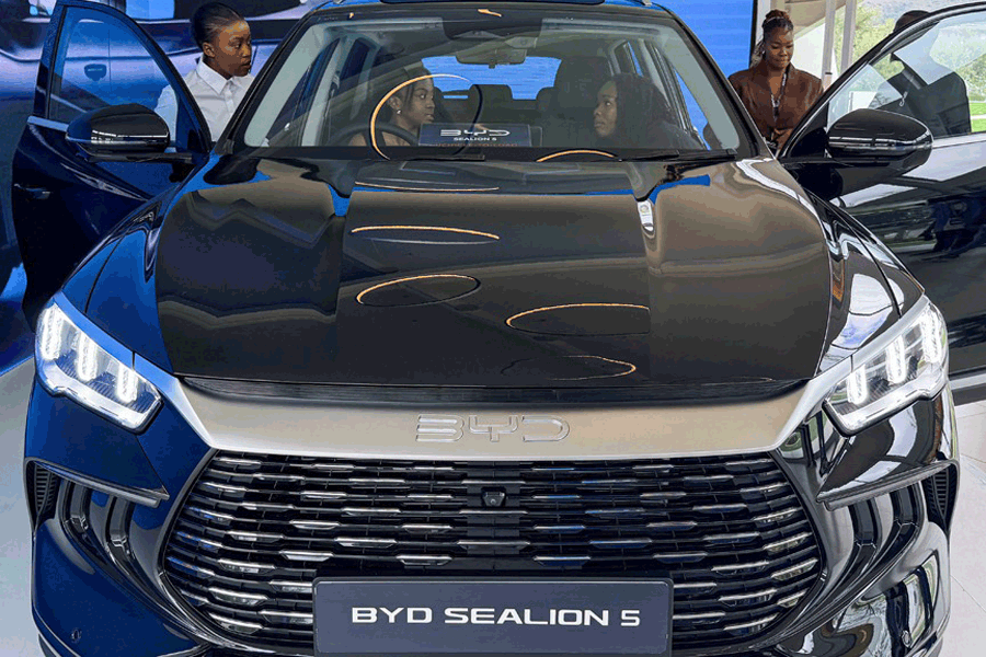 A BYD Sealion 5 plug-in hybrid SUV is displayed at the launch event by the Chinese electric vehicle maker in Muldersdrift, South Africa Dec 4, 2025.