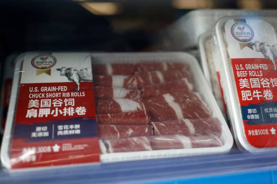 Packs of frozen beef rib rolls imported from U.S. are pictured at a supermarket in Beijing, China April 9, 2025.