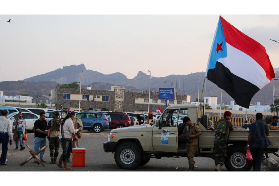 A flag of the UAE-backed separatist Southern Transitional Council (STC) flutters on a military patrol truck, at the site of a rally by STC supporters in Aden, Yemen, Jan 1, 2026.